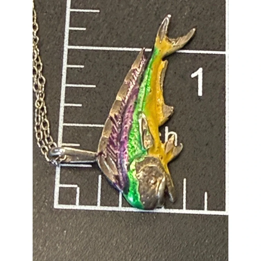 Vintage 925 Sterling‎ Silver Enamel  Dolphin Fish Pendant Necklace 20 Inch Italy